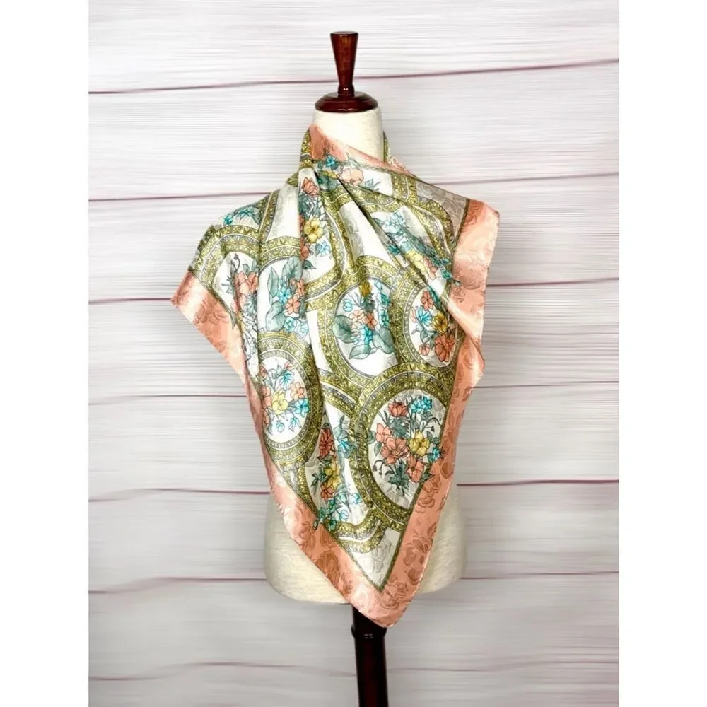 Silk Jacquard Square Scarf White Peach Floral Medallion Print Hand Rolled 29x29
